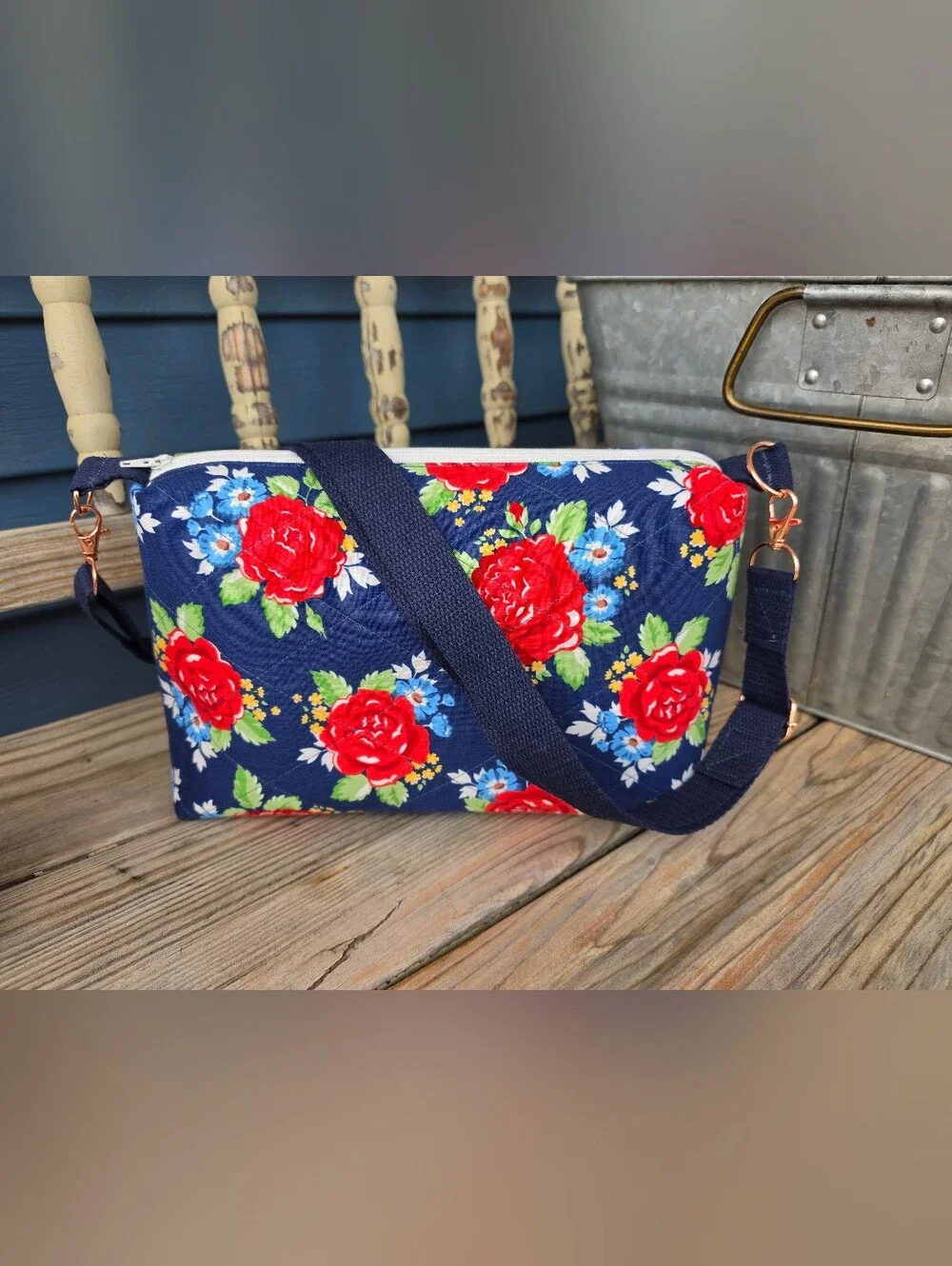 Handmade Navy Floral Quilted Crossbody Cosmetic Bag with Red Rose Print